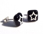 Black Star Stud Earrings Glass White Enamel Sterling Silver 925