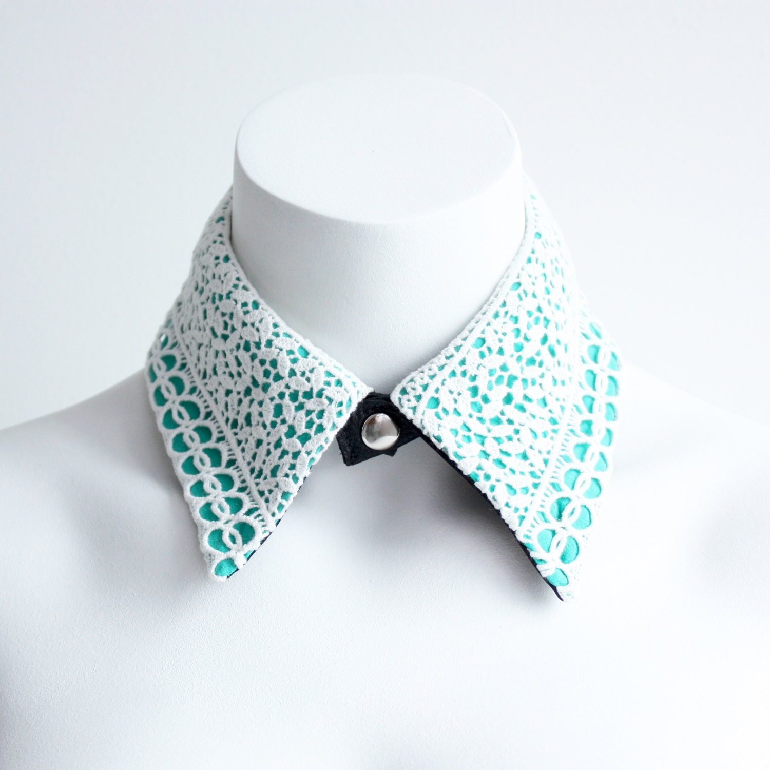 Detachable Lace Shirt Collar with Leather Band -  Cotton Lace & Jade Green Rayon