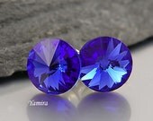 Small Earrings sticks Swarovski Rivoli Sapphire 8mm Sterling Silver Classy Something Blue Jewelry heavenly Blue