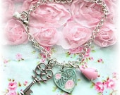 Vintage Style Enamel Floral Skeleton Key Heart Charm Bracelet Pink Roses For Mother Engraved