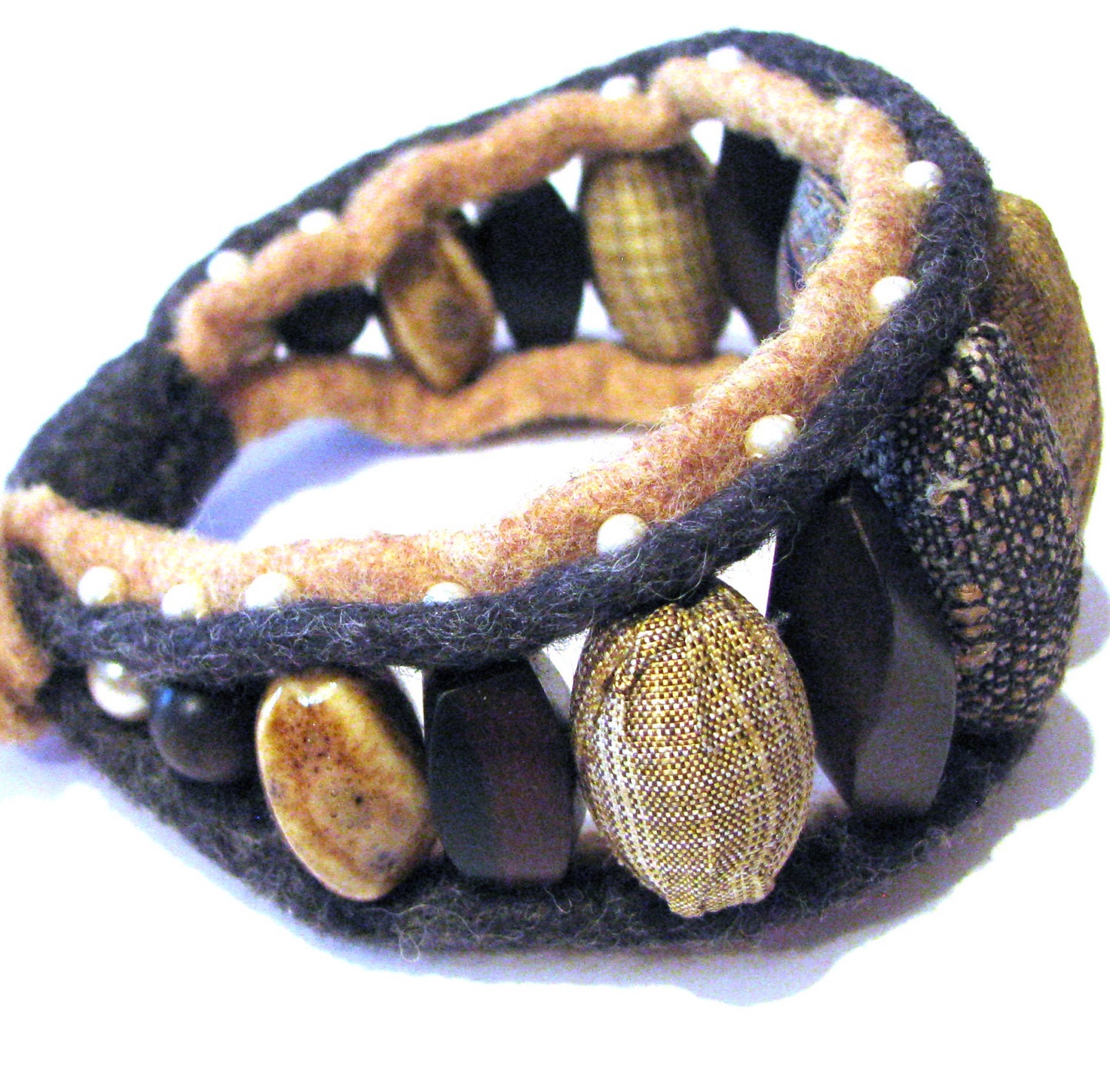 OOAK Felt,Silk,Swarovski Pearls,Ceramic and Wood Handmade Bracelet Deep Navy ,Black and Wheat