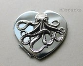 Silver Octopus Compact Mirror Heart Shaped