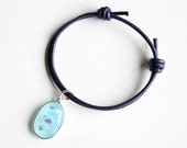 Aqua & Purple Fused Glass Adjustable Bracelet -  Purple Leather