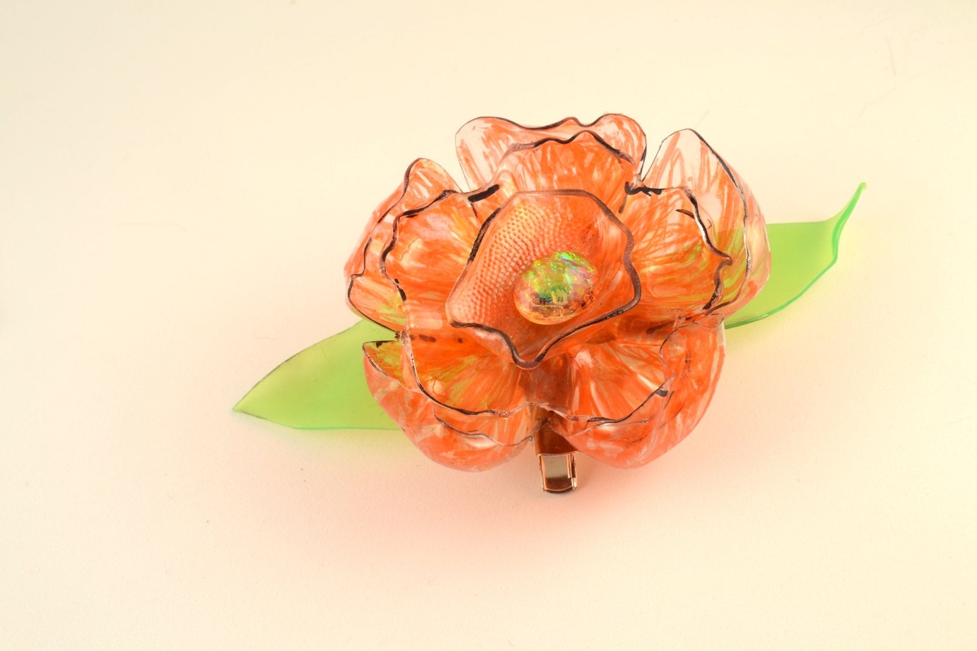 Upcycled Plastic Bottle FLOWER Orange Green Alligator CLIP