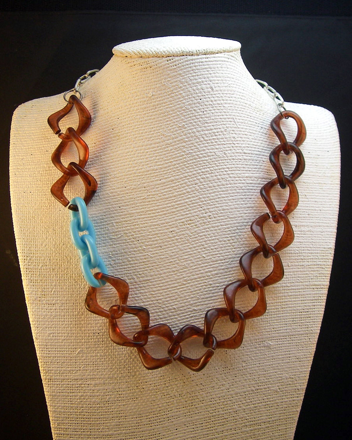 Bold Statement Plastic Chain Necklace in Tortoise and Blue with silver tone chain