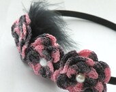 Black and pink crocheted roses flower headband