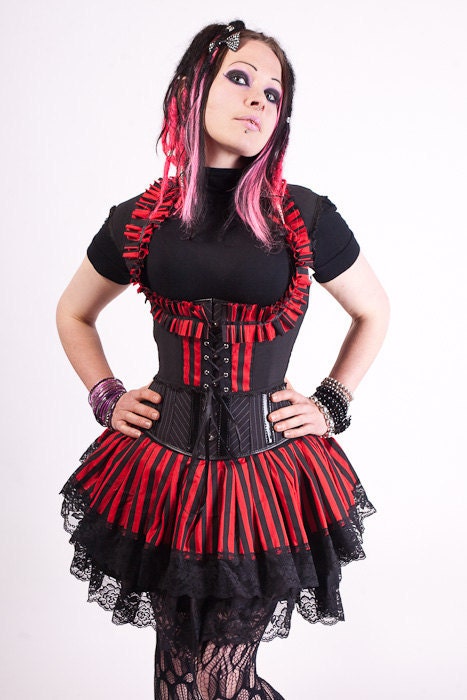 SALE Black and Red Stripe Ruffle Underbust Vest Ready to Ship