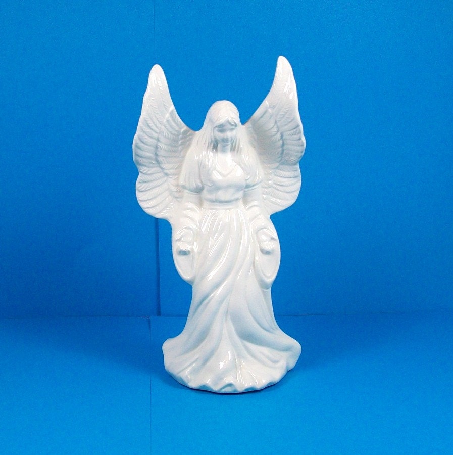 Handmade White Ceramic Angel with Palms Forward