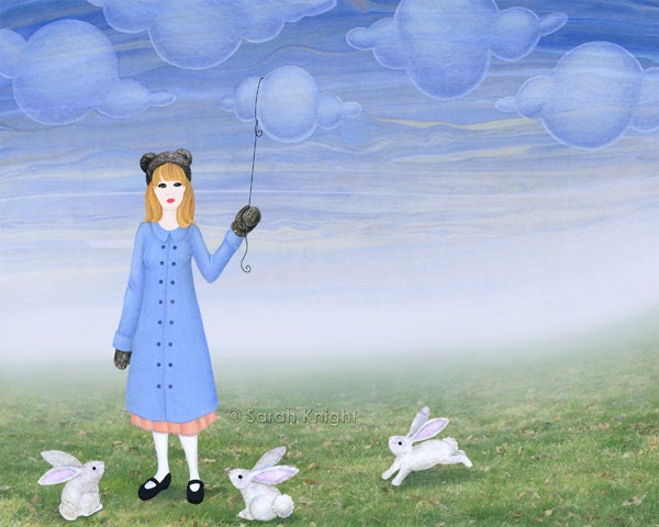 Cloudia - signed fine art print by Sarah Knight 8X10 inches, girl lady female bunny rabbits spring blue periwinkle clouds grass