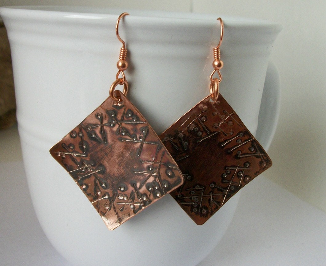 Square Hammered Textured Copper Metalwork Earrings - copper jewelry - copper earrings