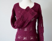 Hand Knit Women's Sweater in Burgundy / Plum Wine - Wheat & Waves Lace Knit Pullover in Pure Wool with Long Sleeves - Raglan, Scoop Neck
