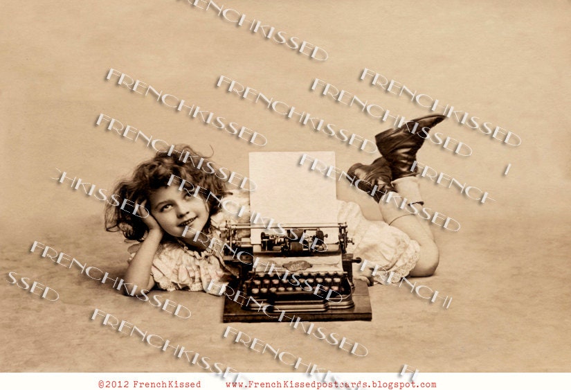 Instant Download Antique TYPEWRITER Sepia Victorian Girl French postcard DIGITAL scan Customizable