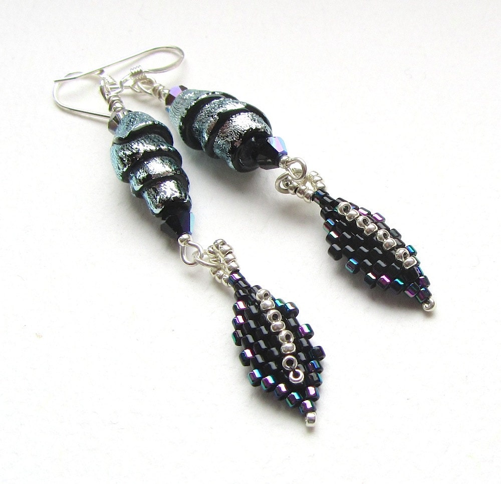 Dichroic Bead Earrings with Beaded Leaves - Silver Snails