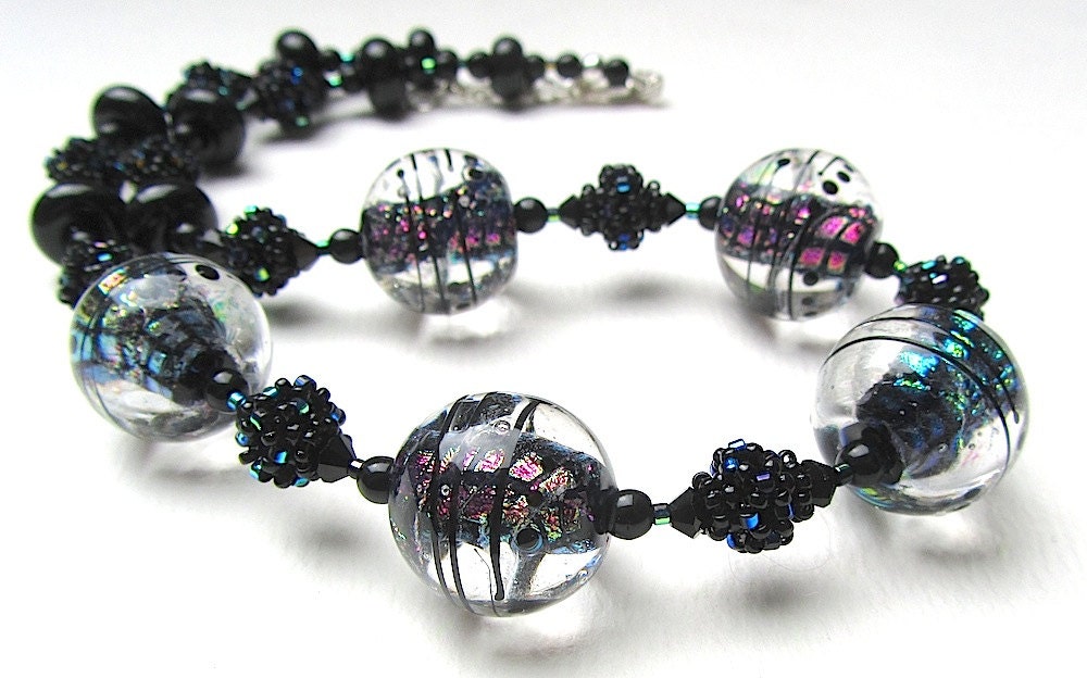 Rainbow Dichroic Glass and Seed Bead Necklace: Orbital