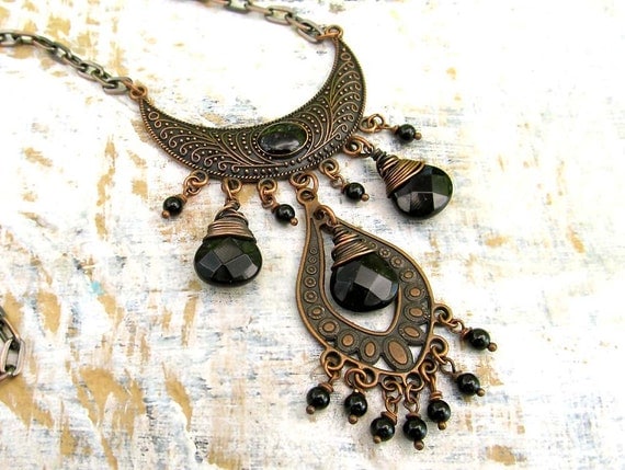 black Bohemian necklace Gypsy statement necklace wire wrapped Boho Bohemian Jewelry