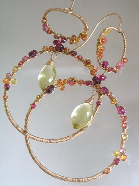 City Girl Goes to the South of France...Yellow Orange Sapphire Pink Tourmaline Lemon Quartz Original Gold Filled Double Hoop Earrings