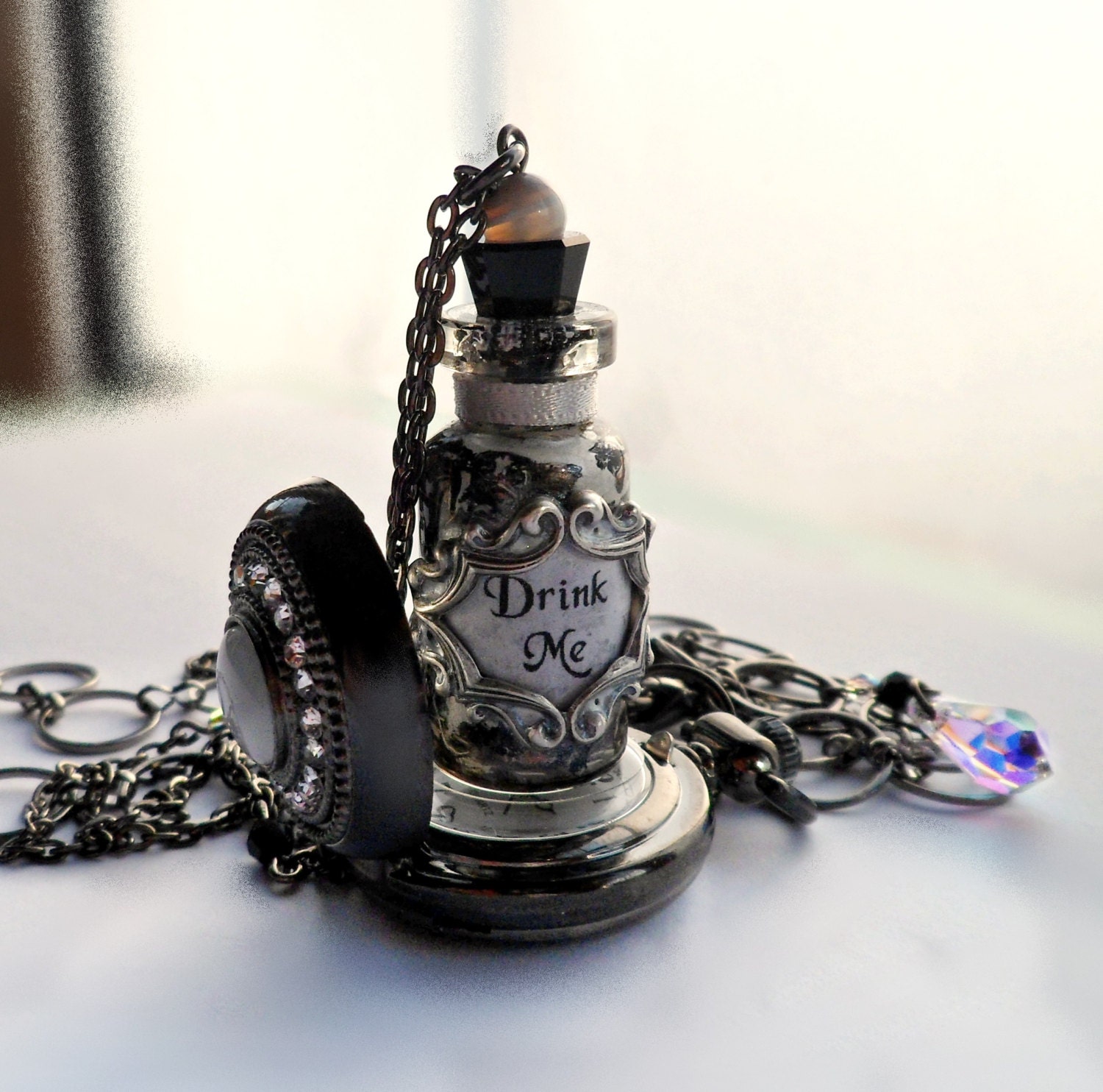 Alice in Wonderland Crystal Pocket Watch and Drink Me Bottle Necklace