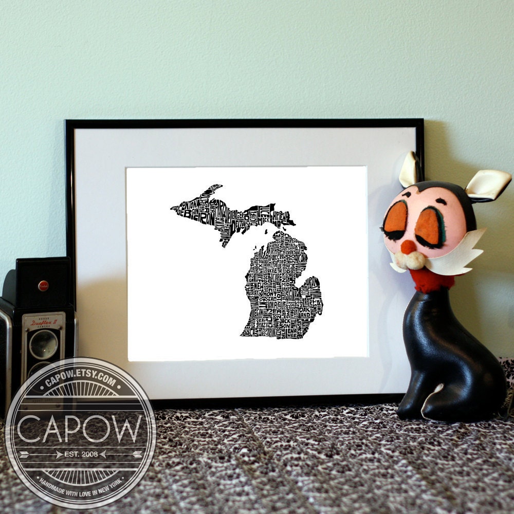 Michigan - typography map art print 5x7 - customizable personalized state poster custom wall decor engagement wedding housewarming gift