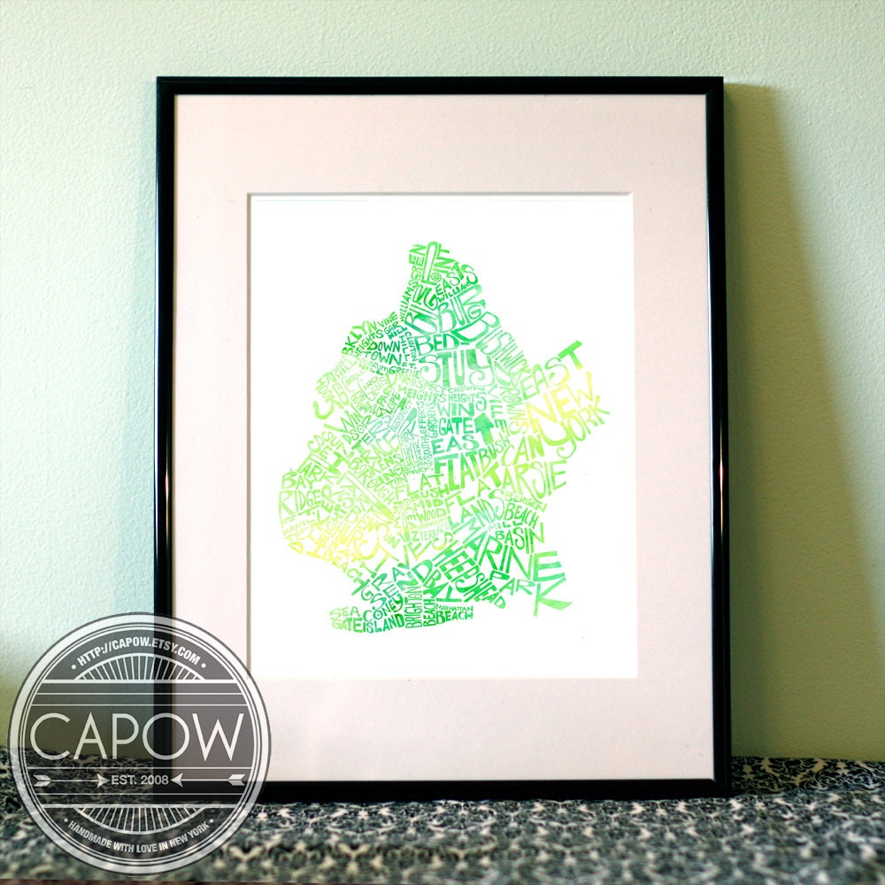Brooklyn watercolor - typography map art print 16x20 - poster wedding engagement graduation gift anniversary wall art decor