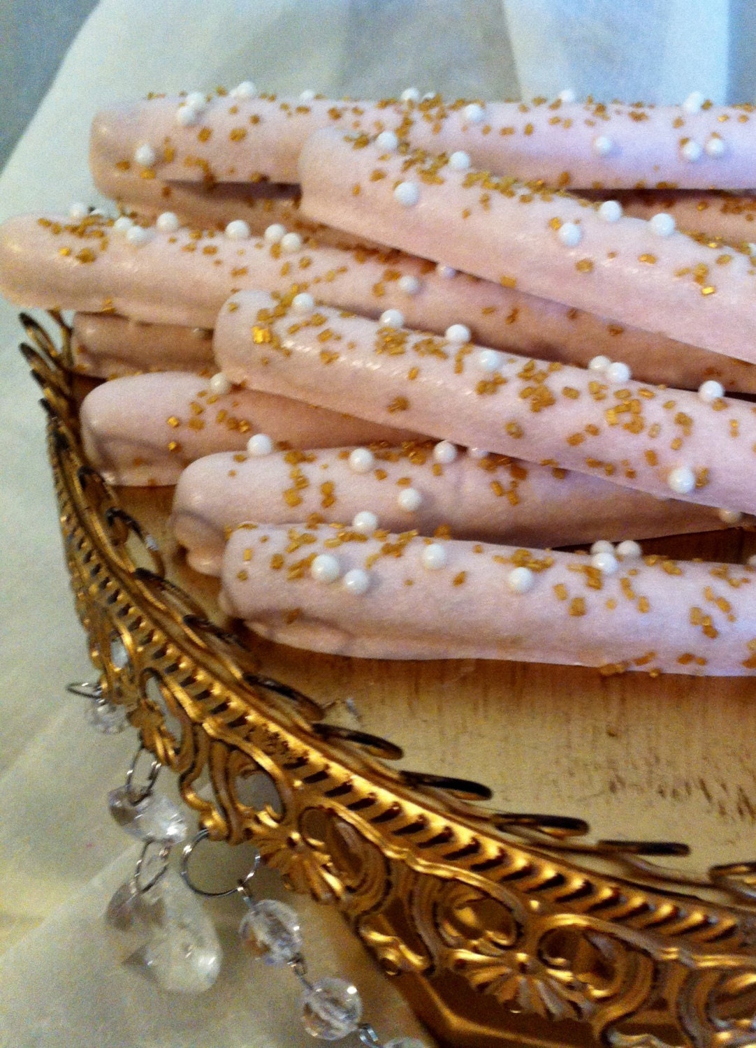 12 GLITZ & PEARL - GOLD - Princess Pink Pretzel Rods - Girl, Wedding, Party Favor, Shower, Christening, Valentines, Mothers Day
