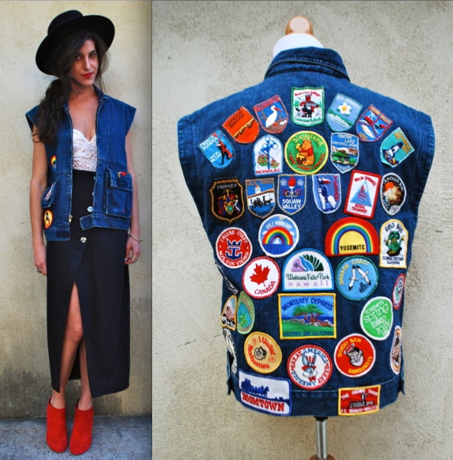 Vintage 80s American Tourist Patchwork Denim Vest