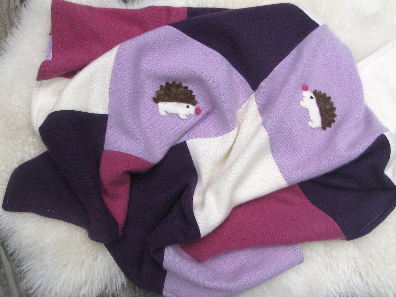 Cashmere Baby Blanket - Hedgehogs appliques - Made to Order - patchwork quilt made from upcycled cashmere sweaters - great baby gift