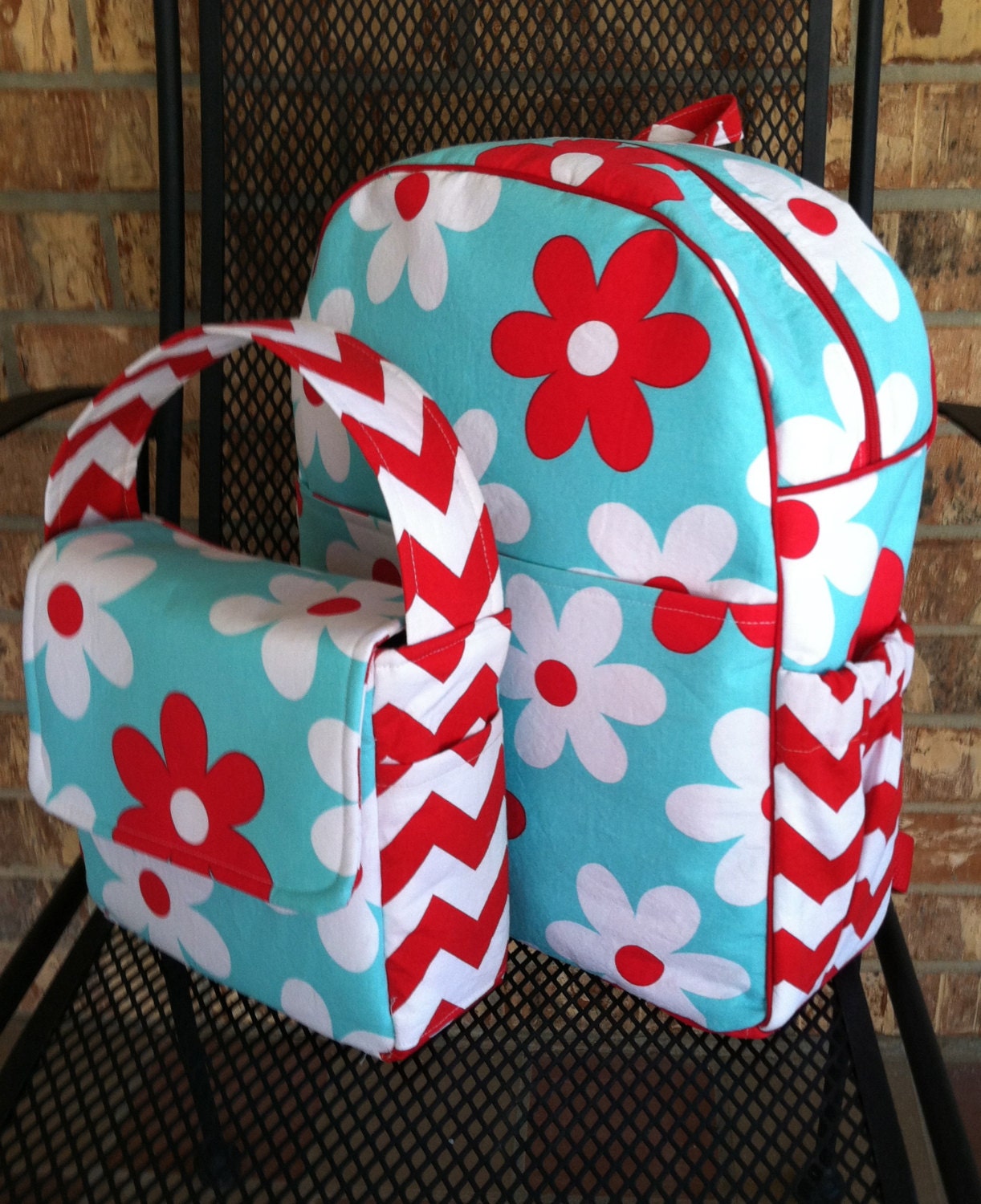 Chevron, Aqua and Red Backpack and Lunchbox Set- Ready to Ship