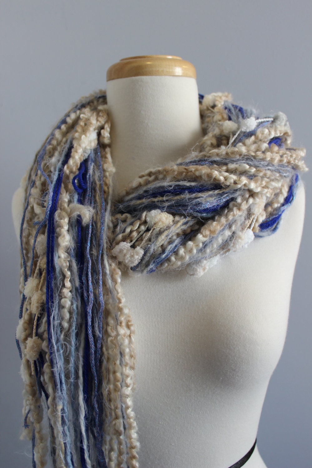 Blue and Cream Knit Fringed Scarf With Pom Poms--Extra Long