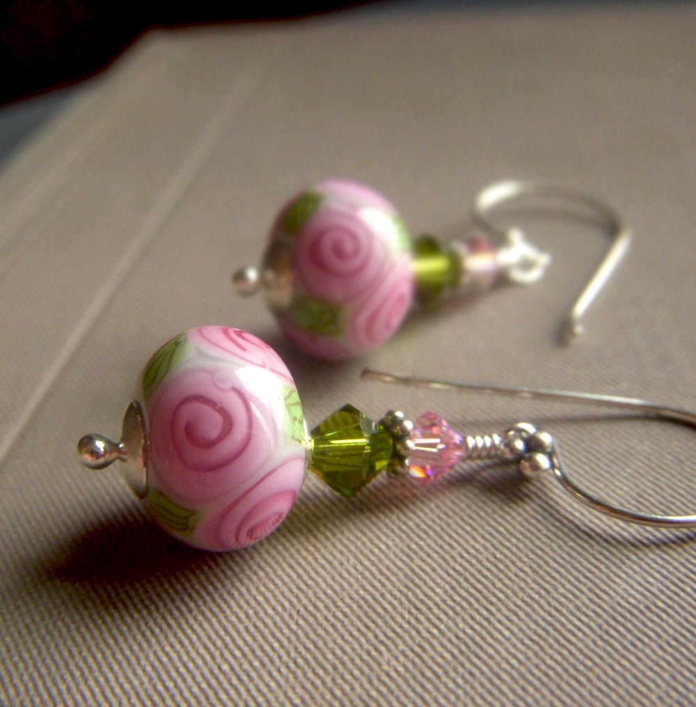 Floral Lampwork Earrings on Sterling . Pink SRA Artisan Glass Lampwork Dangle . Spring Rosebud - beadstylin