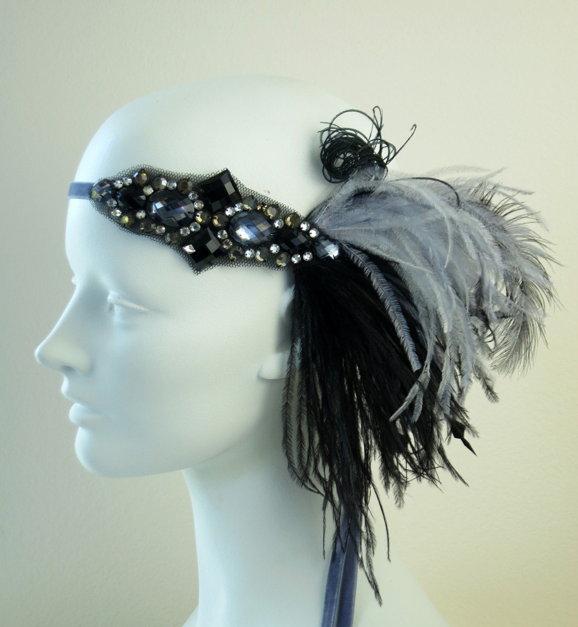 Midnight Jazz  Flapper Feather Headband Smokey Blue And Black