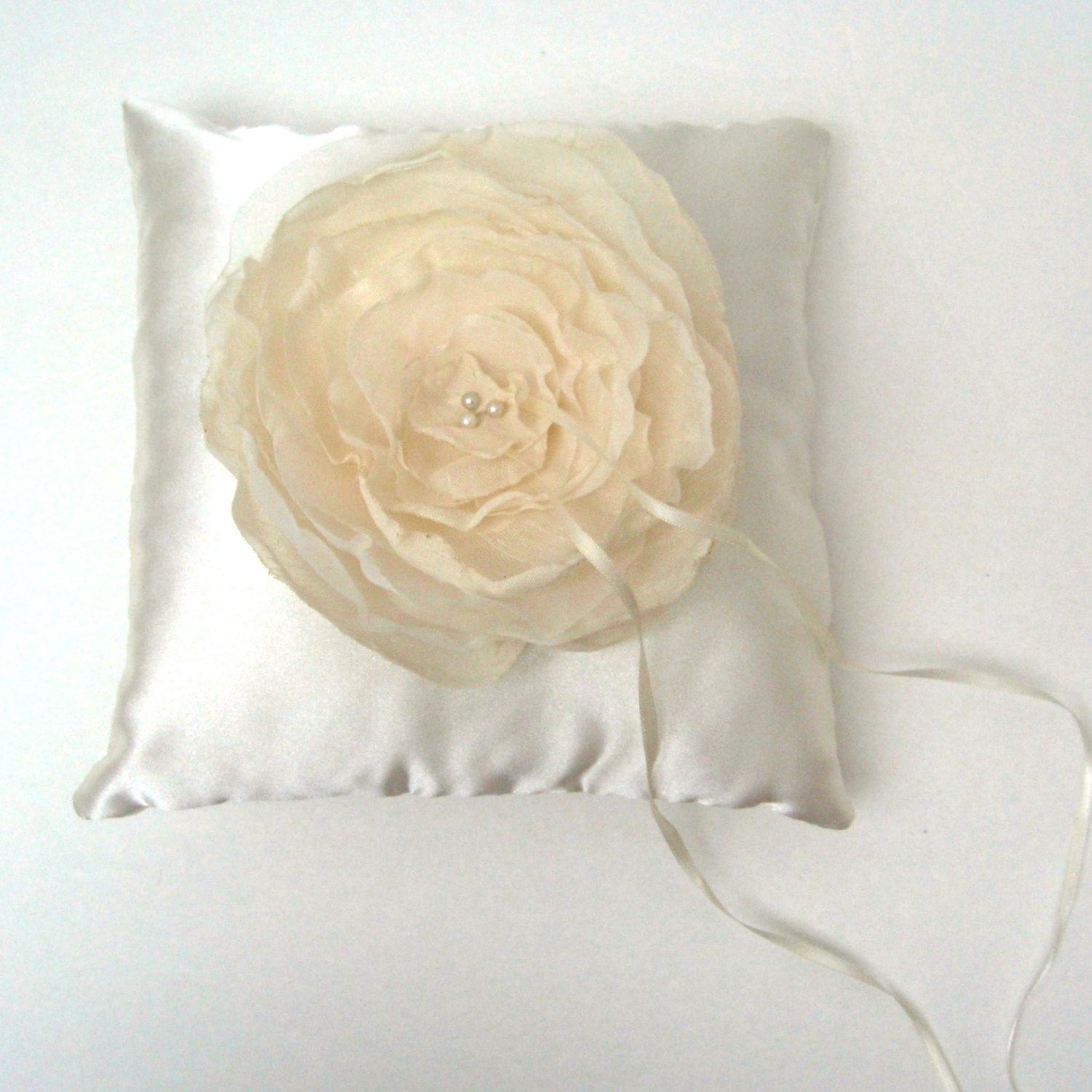 Wedding Ring Bearer Pillow Ivory Cream Satin with Flower Bloom