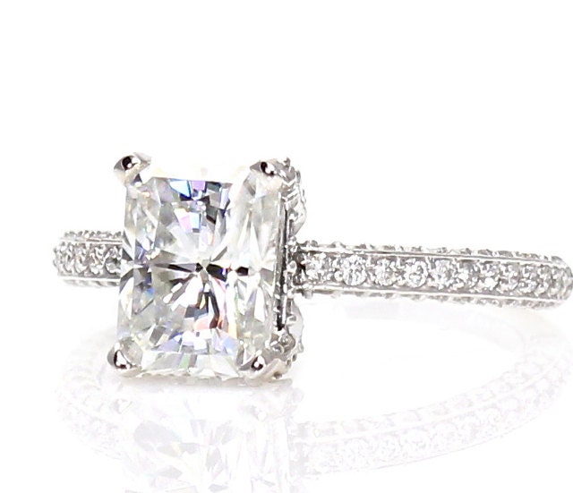 Radiant Moissanite Engagement Ring Pave Diamond Solitaire Forever Brilliant Moissanite Ring 14K Custom Engagement Ring