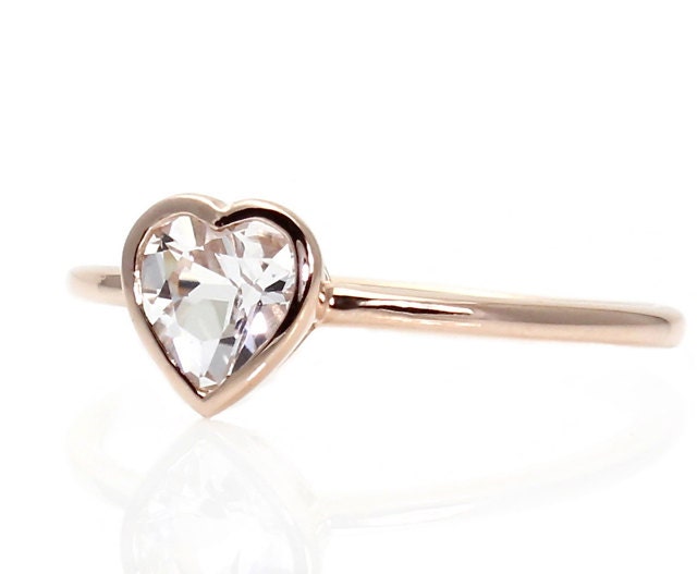 Heart White Sapphire Engagement Ring Bezel Solitaire Sapphire Ring 14K White Yellow Rose Gold