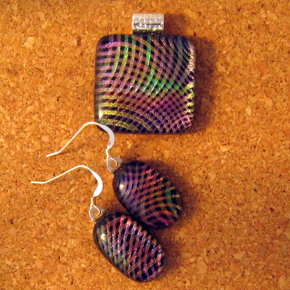Fused Dichroic Glass Pendant and Earrings Rainbow Weave Fused Glass Jewelry