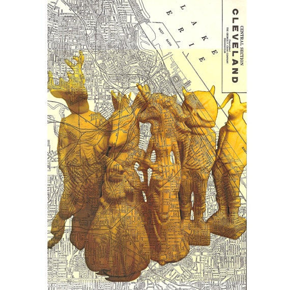 Digital Art Print the runny bunny on vintage Cleveland map