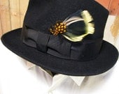 Black wool  Fedora vintage Hat 60s ribbon Gold Feather accent S M