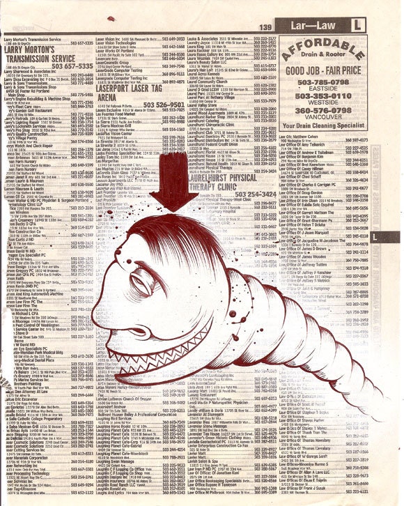 Acrylic character on news print 8 X 10 original pop lowbrow graffiti modern comic street art by Charlie Alan Kraft