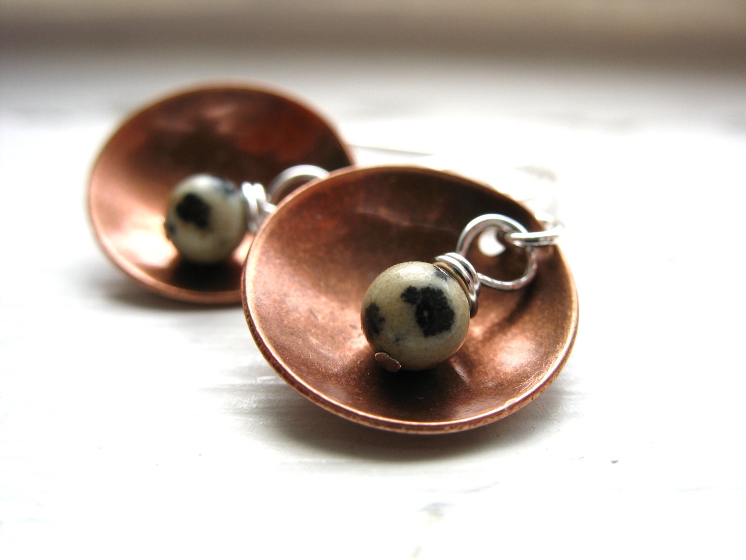 Dalmatian Jasper Earrings, Metalwork Dangle Drop Earrings, Jasper Stone, Copper Dome, Dalmatian Jasper Jewelry, FREE Shipping
