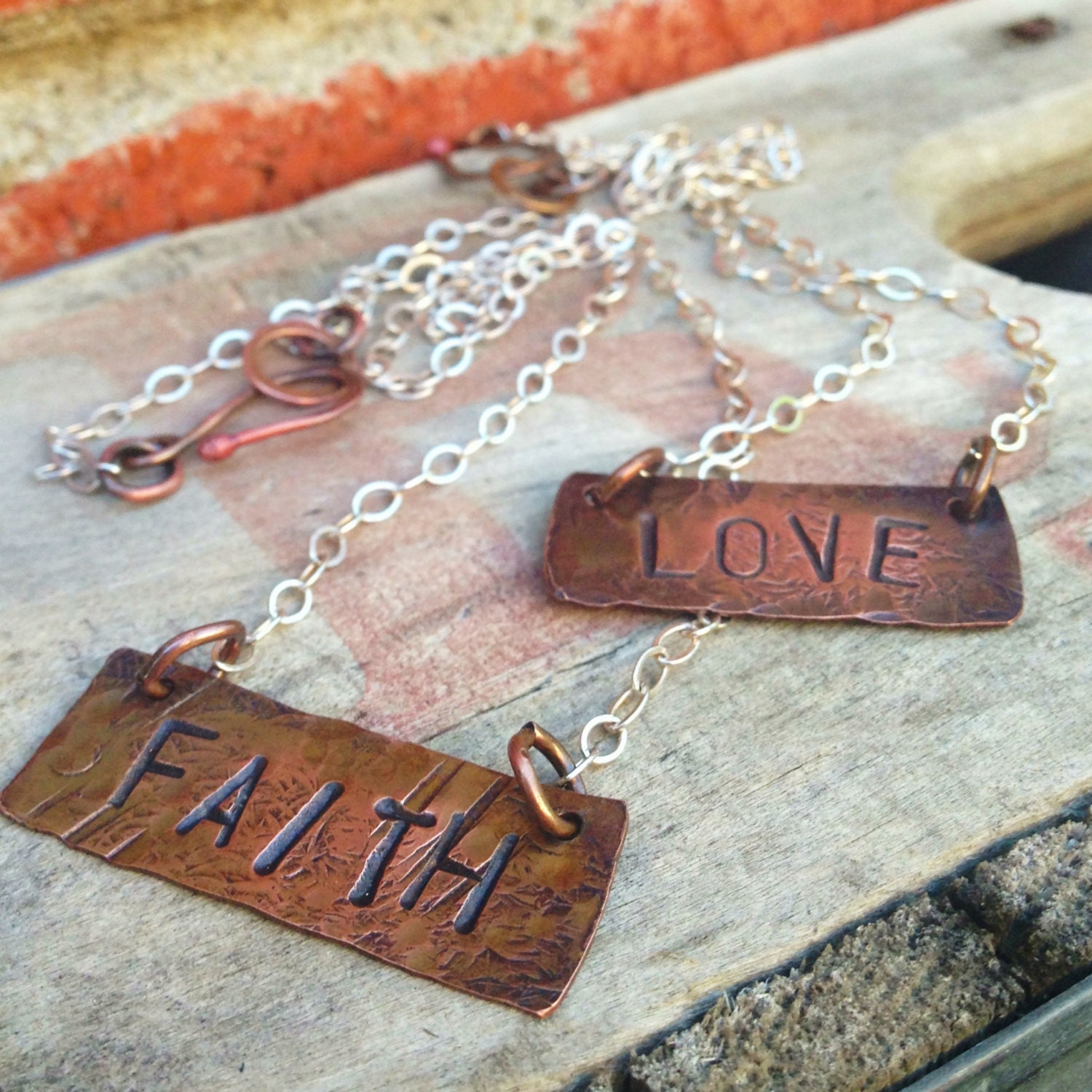 Hammered Copper and Sterling Silver  Stamped Personalized Necklace