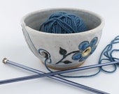 Ceramic Knitting / Crochet Yarn Bowl - White with Blue Flowers- Handmade Wheel Thrown Pottery