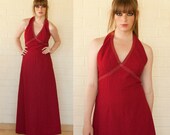 70s VTG Sizzling Hot Crimson Halter Maxi Dress M