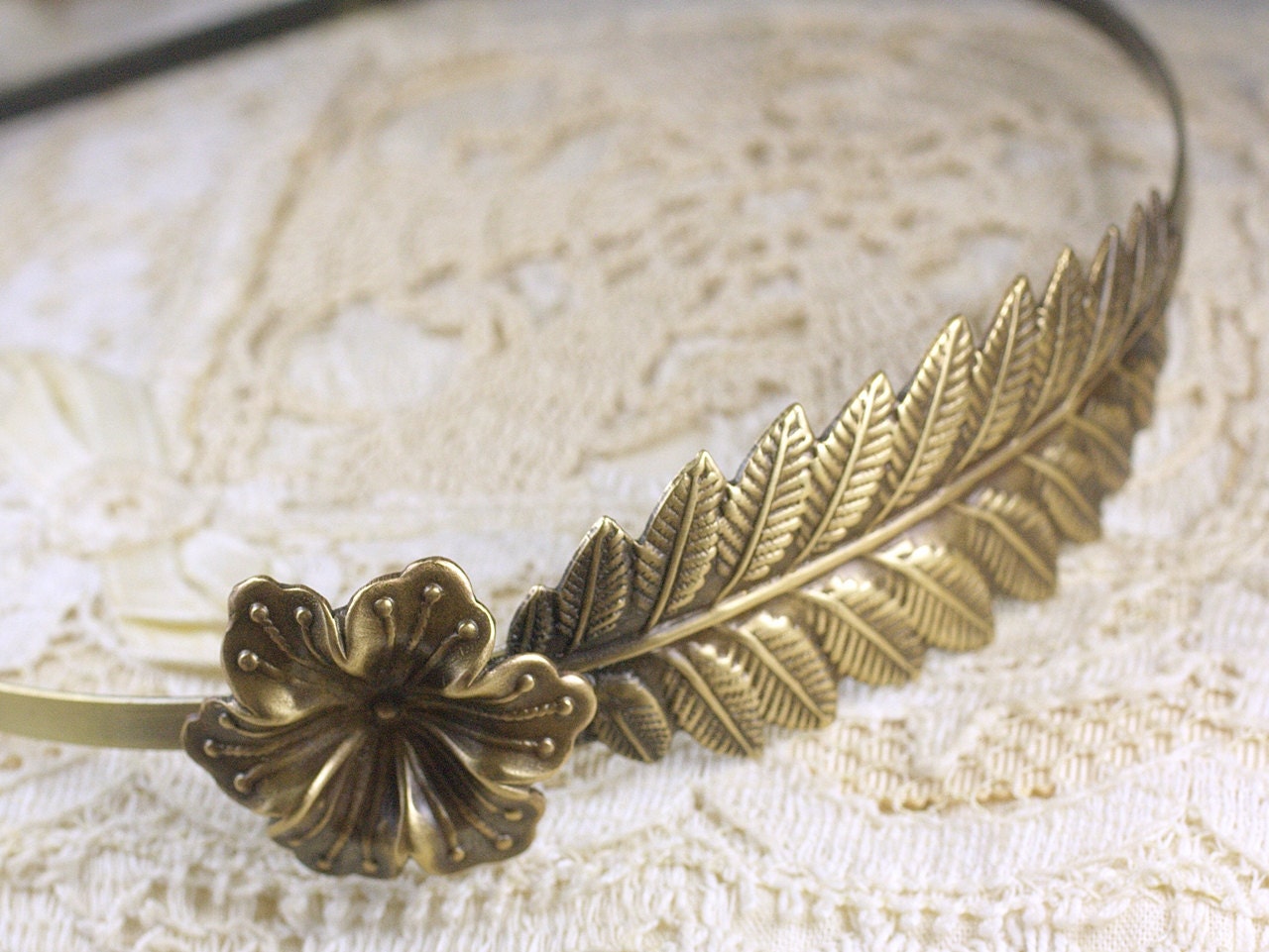 Flower leaf headband brass vintage style goddess art nouveau bridal