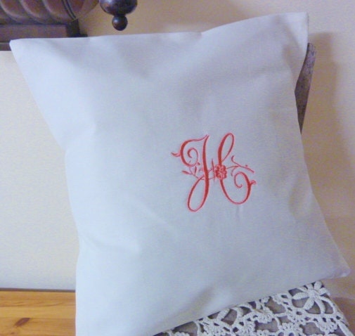 French Vintage  Linen Monogram  "H" with Rose, Cushion Cover, All Initials available