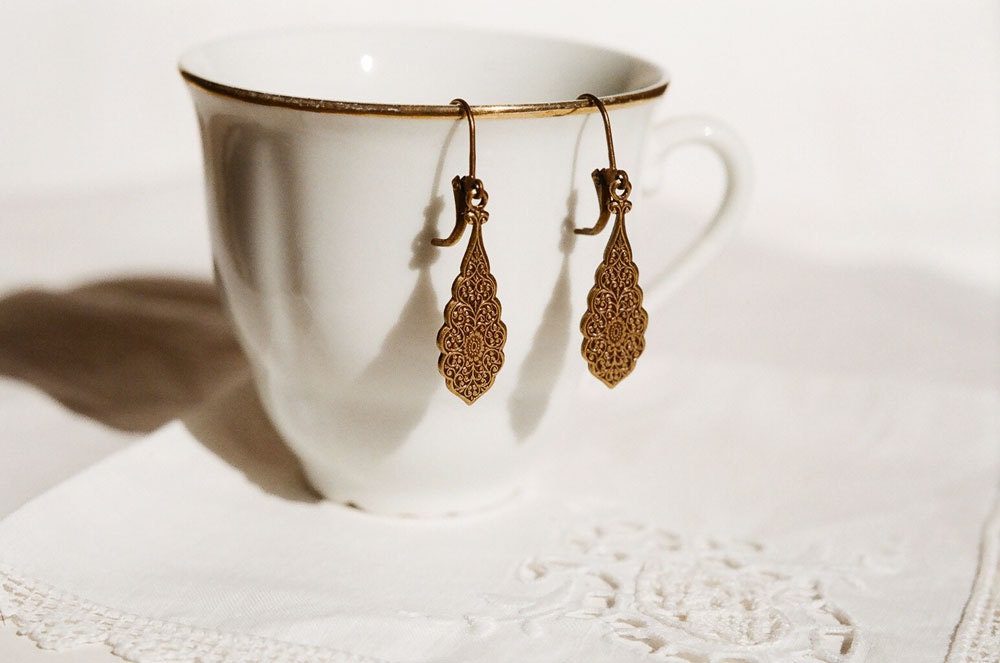 Antique brass earrings with floral arabesque drops
