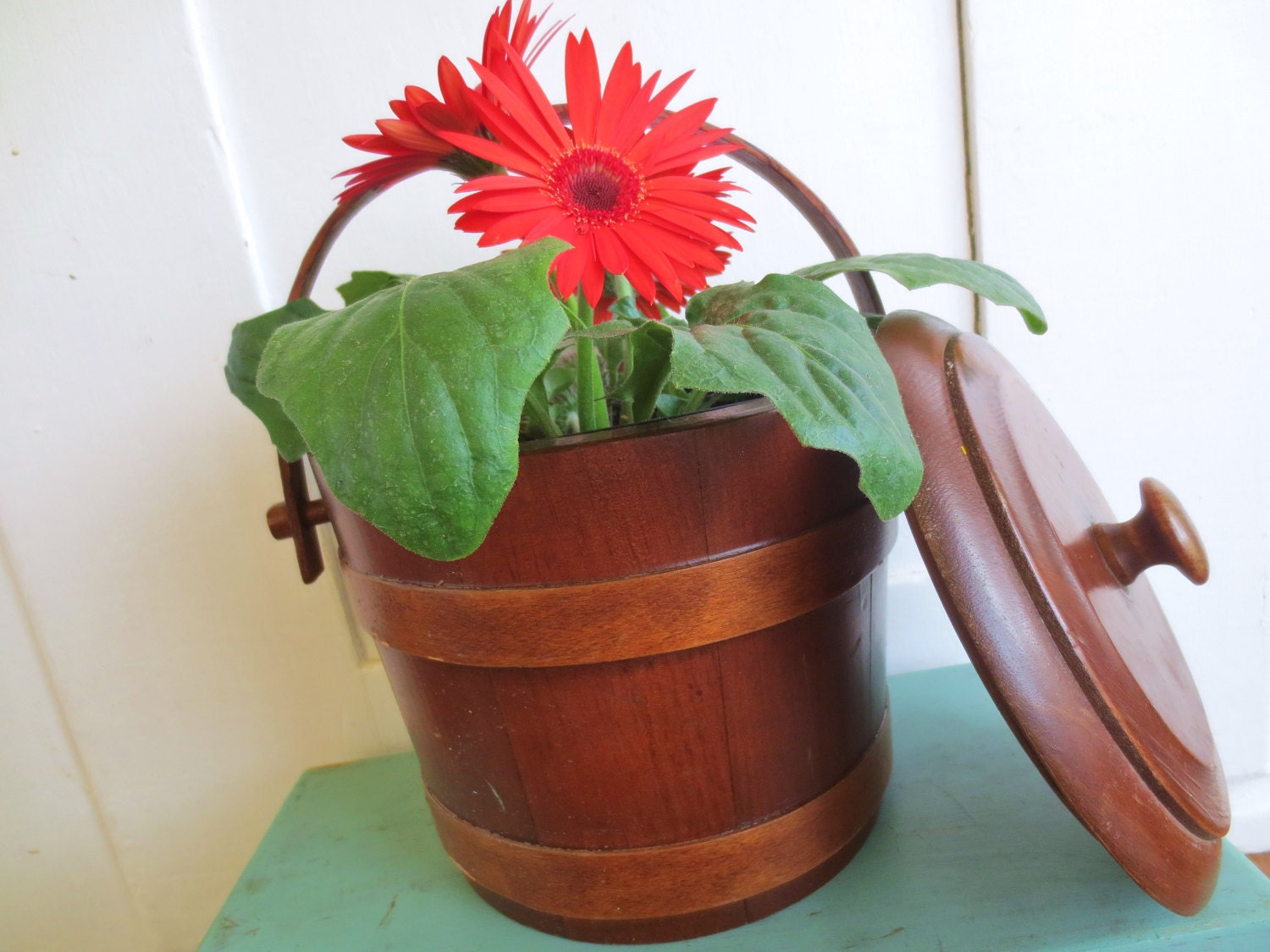 Pail in Comparison...Vintage Primitive Rustic Wooden Pail Firkin Bucket With Wooden Handle and Lid