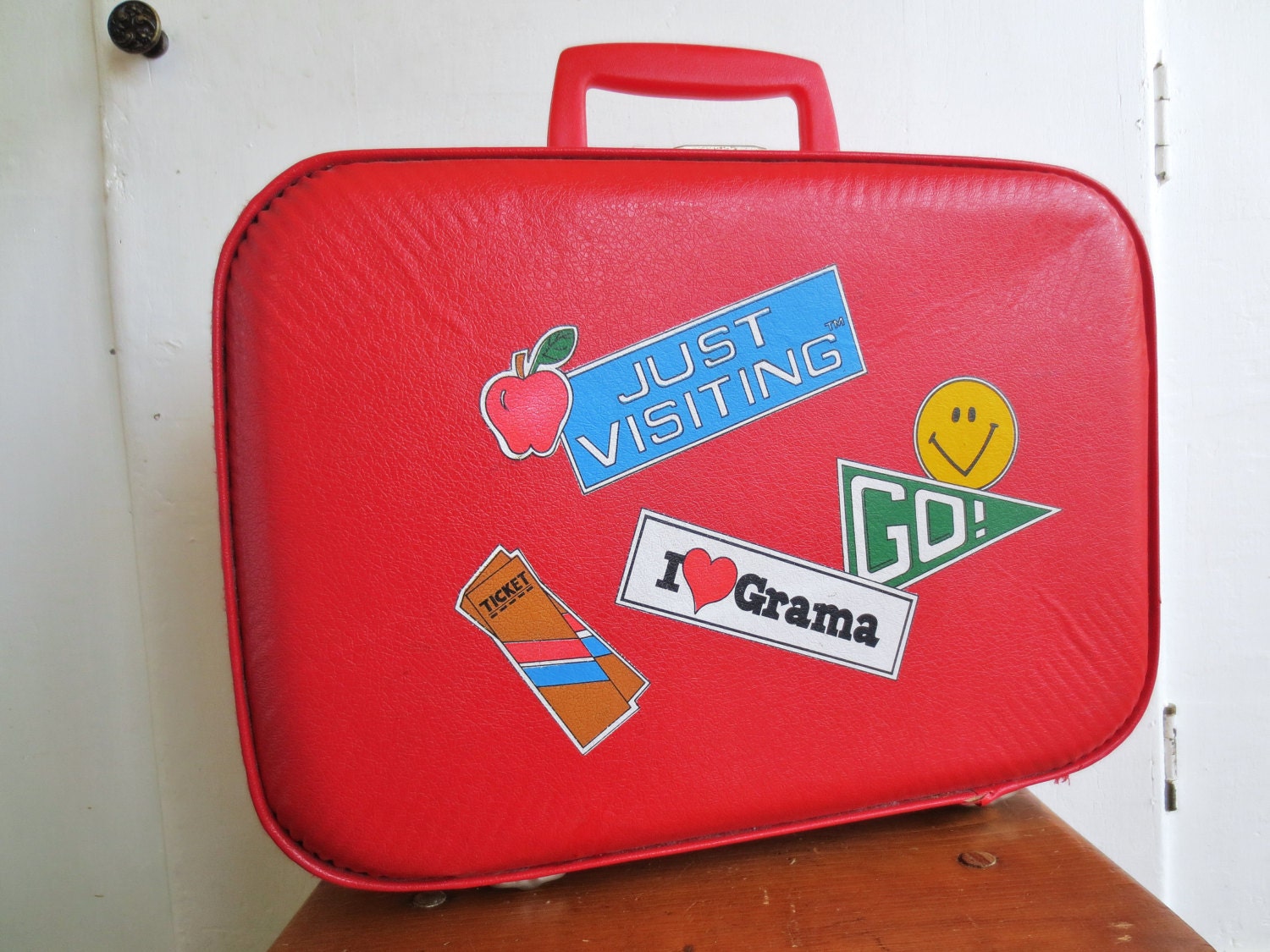 Going To Grandmas... Vintage Children's Red Retro Suitcase Luggage Carry On