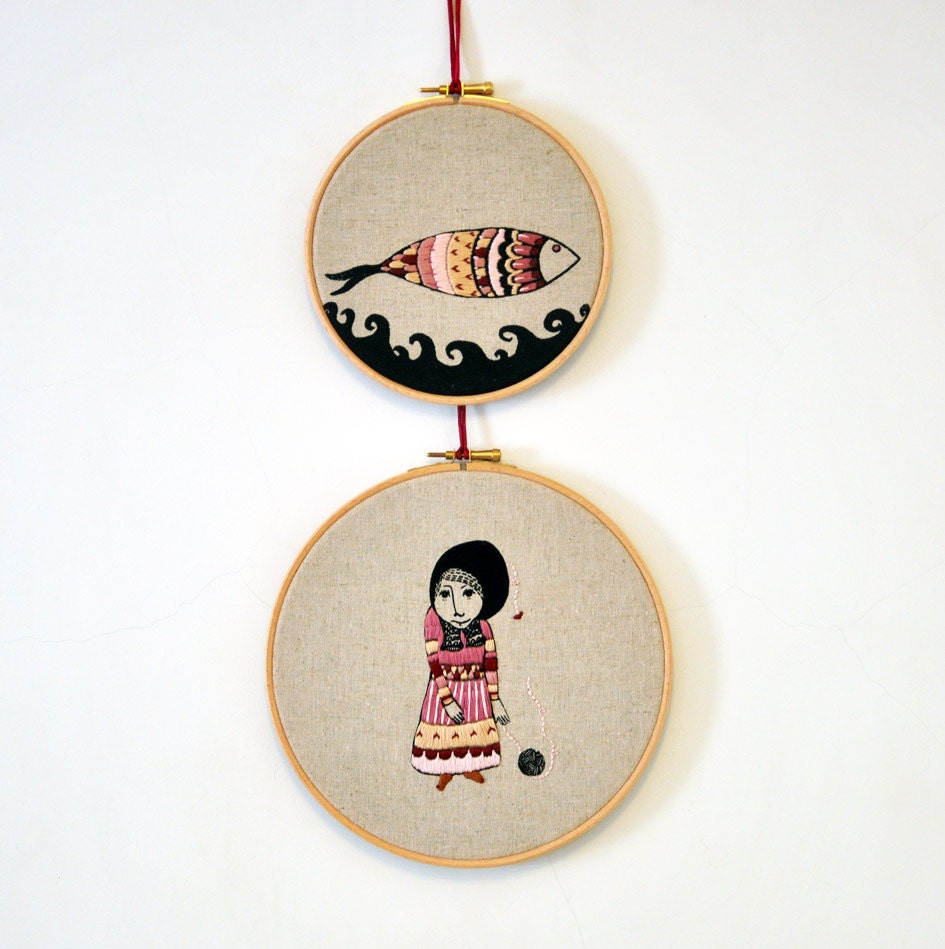 The Girl Who Knitted Love - mixed media embroidery hoop art