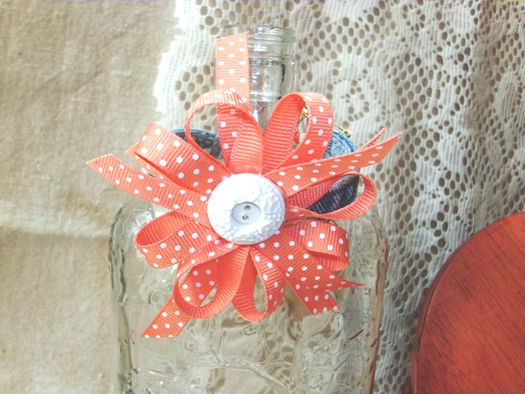 Memory Wire Bracelet Peach Polka Dot Ribbon Vintage White Button Denim Jeans Glass Beads Recycled Hippie Cottage Chic