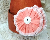 Memory Wire Bracelet Peach Polka Dot Ruffle Lace Vintage White Button Denim Jeans Glass Beads Recycled Hippie Cottage Chic