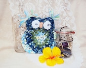 WHIMSICAL OWL Shabby Rag Rug Crochet OOAK 7" x  8" Primitive Cottage Chic